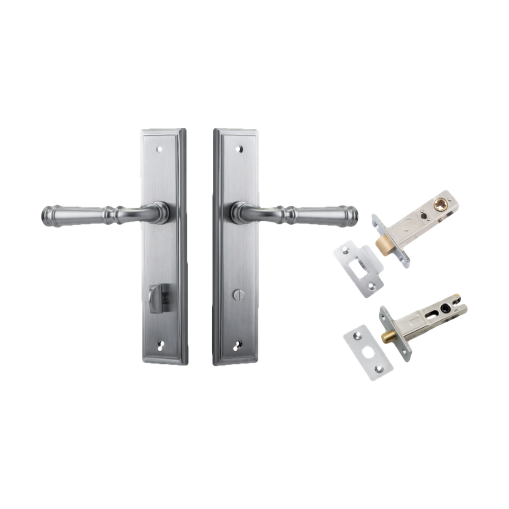 Door Lever Verona Stepped Privacy Brushed Chrome CTC85mm H240xW50xP59mm Inbuilt Privacy Kit Tube Latch Split Cam 'T' Striker Brushed Chrome Backset 60mm, Privacy Bolt Round Bolt Brushed Chrome Backset 60mm in Brushed Chrome