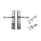 Pair of Iver Verona lever handles on stepped backplate, showcasing elegant architectural hardware design in a close-up view.