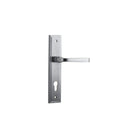Pair of Iver Annecy lever handles on stepped backplates, showcasing elegant brushed metal finish and modern design.