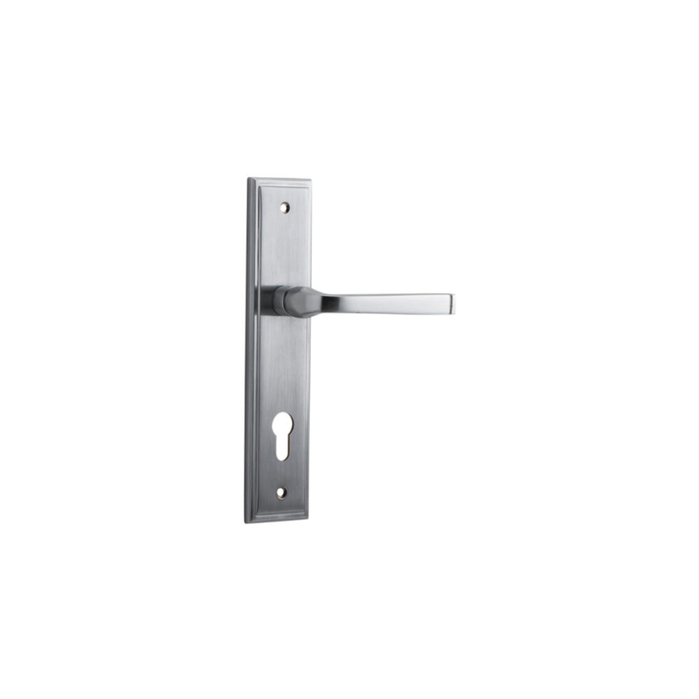 Door Lever Annecy Stepped Euro Brushed Chrome CTC85mm H237xW50xP65mm in Brushed Chrome