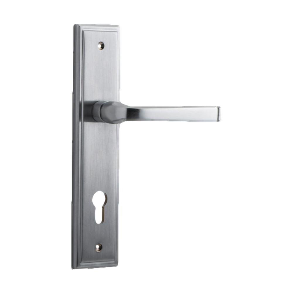 Door Lever Annecy Stepped Euro Brushed Chrome CTC85mm H237xW50xP65mm in Brushed Chrome