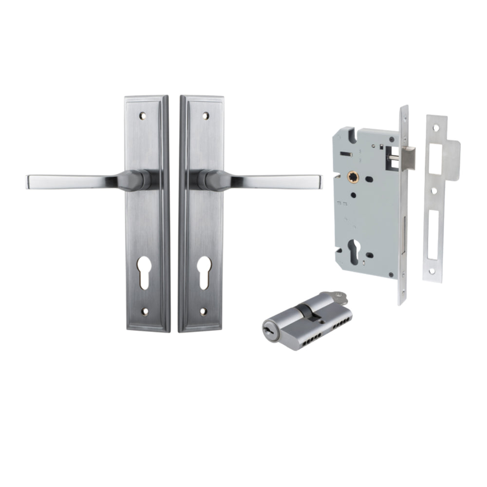 Door Lever Annecy Stepped Euro Brushed Chrome CTC85mm H240xW50xP65mm Entrance Kit, Mortice Lock Euro Brushed Chrome CTC85mm Backset 60mm, Euro Cylinder Dual Function 5 Pin Brushed Chrome L65mm KA1 in Brushed Chrome