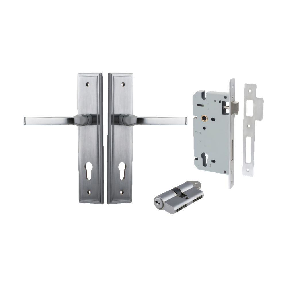 Door Lever Annecy Stepped Euro Brushed Chrome CTC85mm H240xW50xP65mm Entrance Kit Mortice Lock Euro Brushed Chrome CTC85mm Backset 60mm, Euro Cylinder Dual Function 5 Pin Brushed Chrome L65mm KA1 in Brushed Chrome
