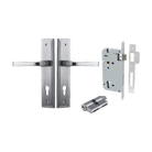 Door Lever Annecy Stepped Euro Brushed Chrome CTC85mm H240xW50xP65mm Entrance Kit Mortice Lock Euro Brushed Chrome CTC85mm Backset 60mm, Euro Cylinder Dual Function 5 Pin Brushed Chrome L65mm KA1 in Brushed Chrome