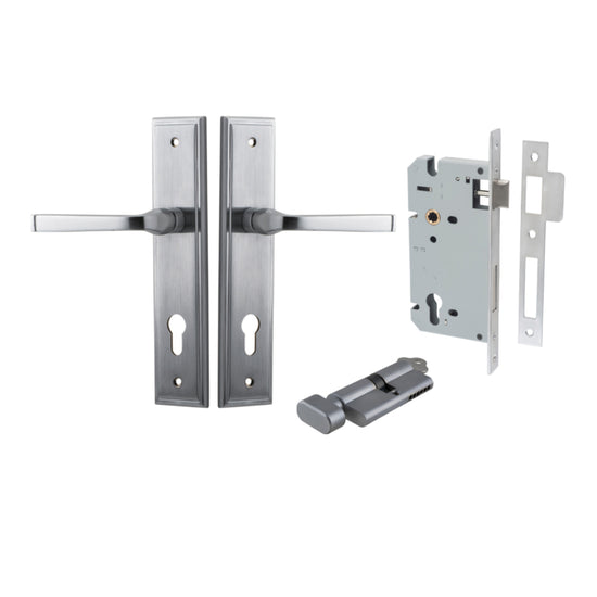 Door Lever Annecy Stepped Euro Brushed Chrome CTC85mm H240xW50xP65mm Entrance Kit, Mortice Lock Euro Brushed Chrome CTC85mm Backset 60mm, Euro Cylinder Key Thumb 6 Pin Brushed Chrome L70mm KA1 in Brushed Chrome