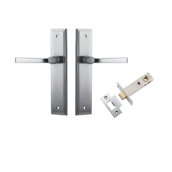 Door Lever Annecy Stepped Latch Brushed Chrome H240xW50xP65mm Passage Kit, Tube Latch Split Cam 'T' Striker Brushed Chrome Backset 60mm in Brushed Chrome