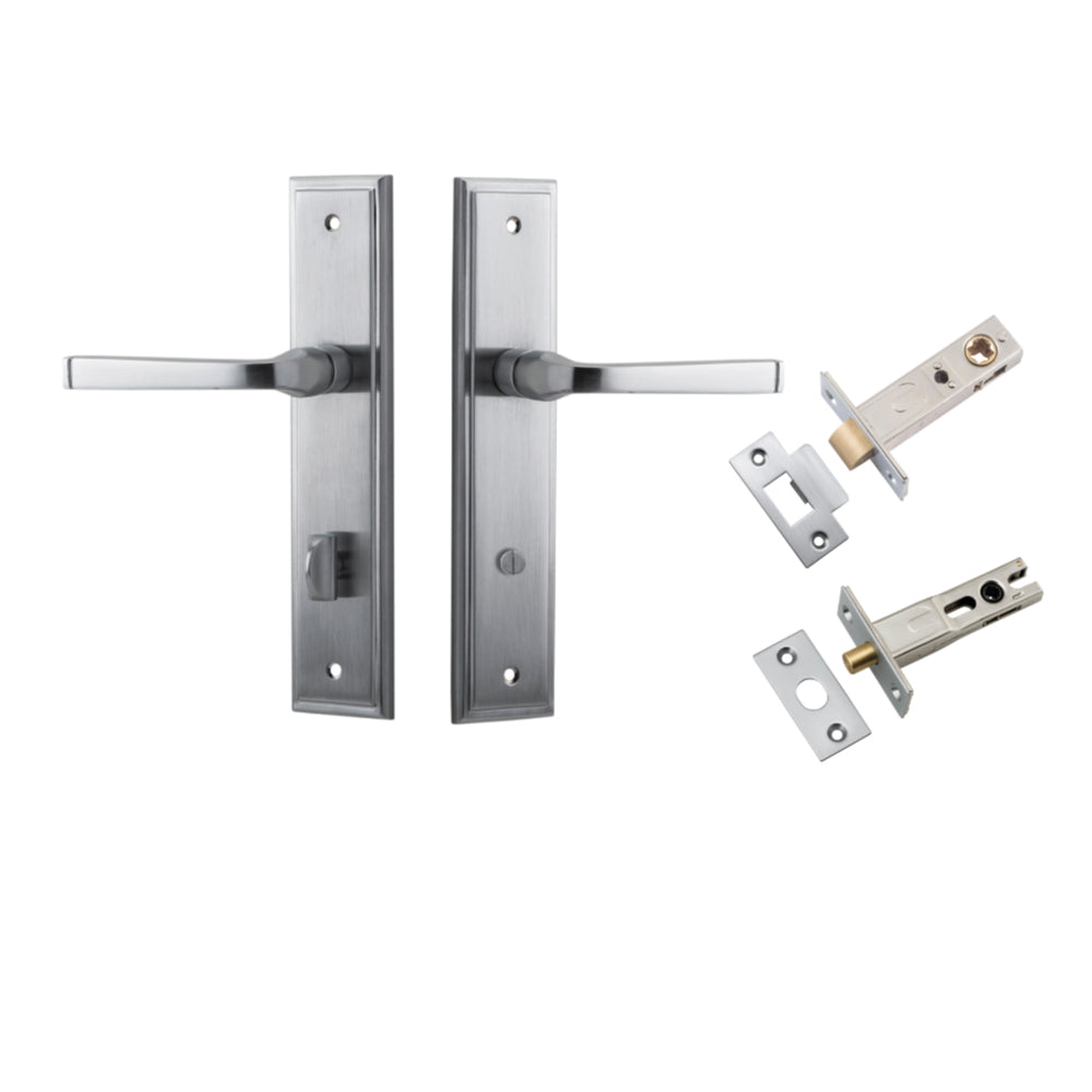 Door Lever Annecy Stepped Privacy Brushed Chrome CTC85mm H240xW50xP65mm Inbuilt Privacy Kit, Tube Latch Split Cam 'T' Striker Brushed Chrome Backset 60mm, Privacy Bolt Round Bolt Brushed Chrome Backset 60mm in Brushed Chrome