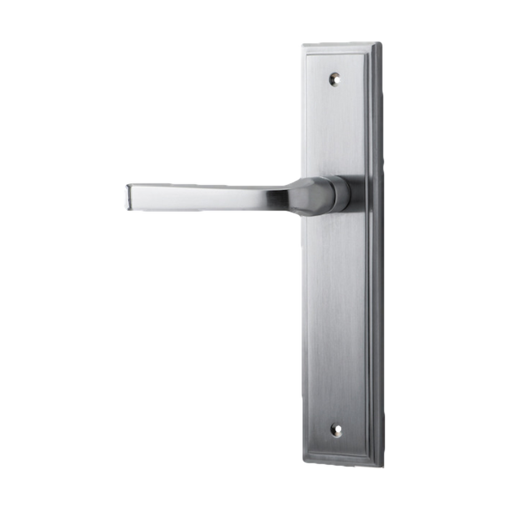 Door Lever Annecy Stepped Latch Left Hand Fixed Brushed Chrome L117xP66mm BPH237xW50mm in Brushed Chrome