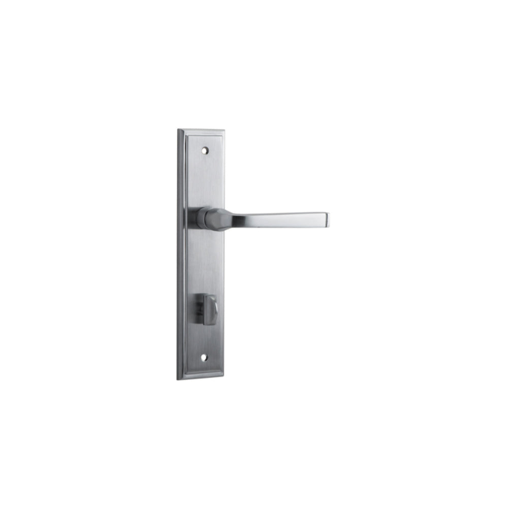 Pair of Iver Annecy lever handles on stepped backplates with a polished finish, suitable for modern interior doors.