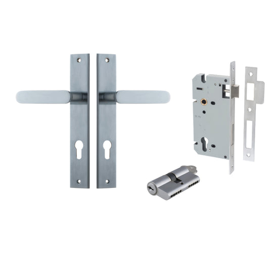 Door Lever Bronte Rectangular Euro Pair Brushed Chrome CTC85mm L117xP53mm BPH240xW38mm, Mortice Lock Euro Brushed Chrome CTC85mm Backset 60mm, Euro Cylinder Dual Function 5 Pin Brushed Chrome 65mm KA4 in Brushed Chrome