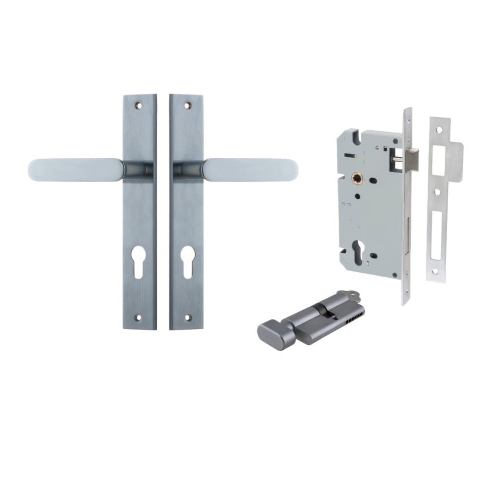 Door Lever Bronte Rectangular Euro Pair Brushed Chrome CTC85mm L117xP53mm BPH240xW38mm, Mortice Lock Euro Brushed Chrome CTC85mm Backset 60mm, Euro Cylinder Key Thumb 5 Pin Brushed Chrome 65mm KA4 in Brushed Chrome