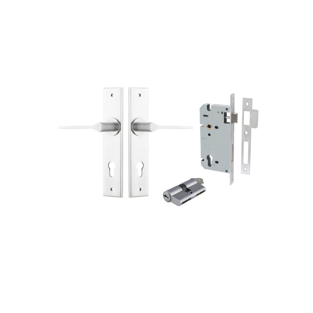 Door Lever Como Chamfered Euro Pair Brushed Chrome CTC85mm L119xP61mm BPH240xW50mm Mortice Lock Euro Brushed Chrome CTC85mm Backset 60mm, Euro Cylinder Dual Function 5 Pin Brushed Chrome 65mm KA4 in Brushed Chrome