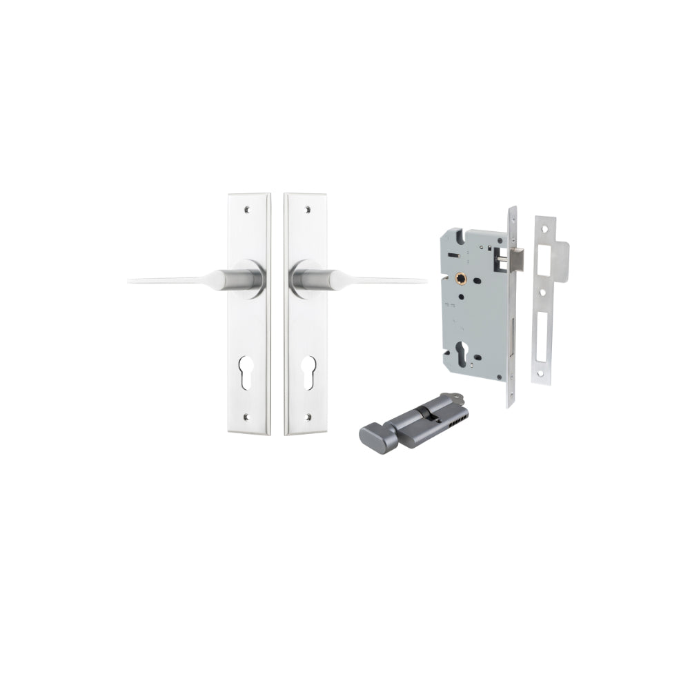 Door Lever Como Chamfered Euro Pair Brushed Chrome CTC85mm L119xP61mm BPH240xW50mm Mortice Lock Euro Brushed Chrome CTC85mm Backset 60mm, Euro Cylinder Key Thumb 5 Pin Brushed Chrome 65mm KA4 in Brushed Chrome