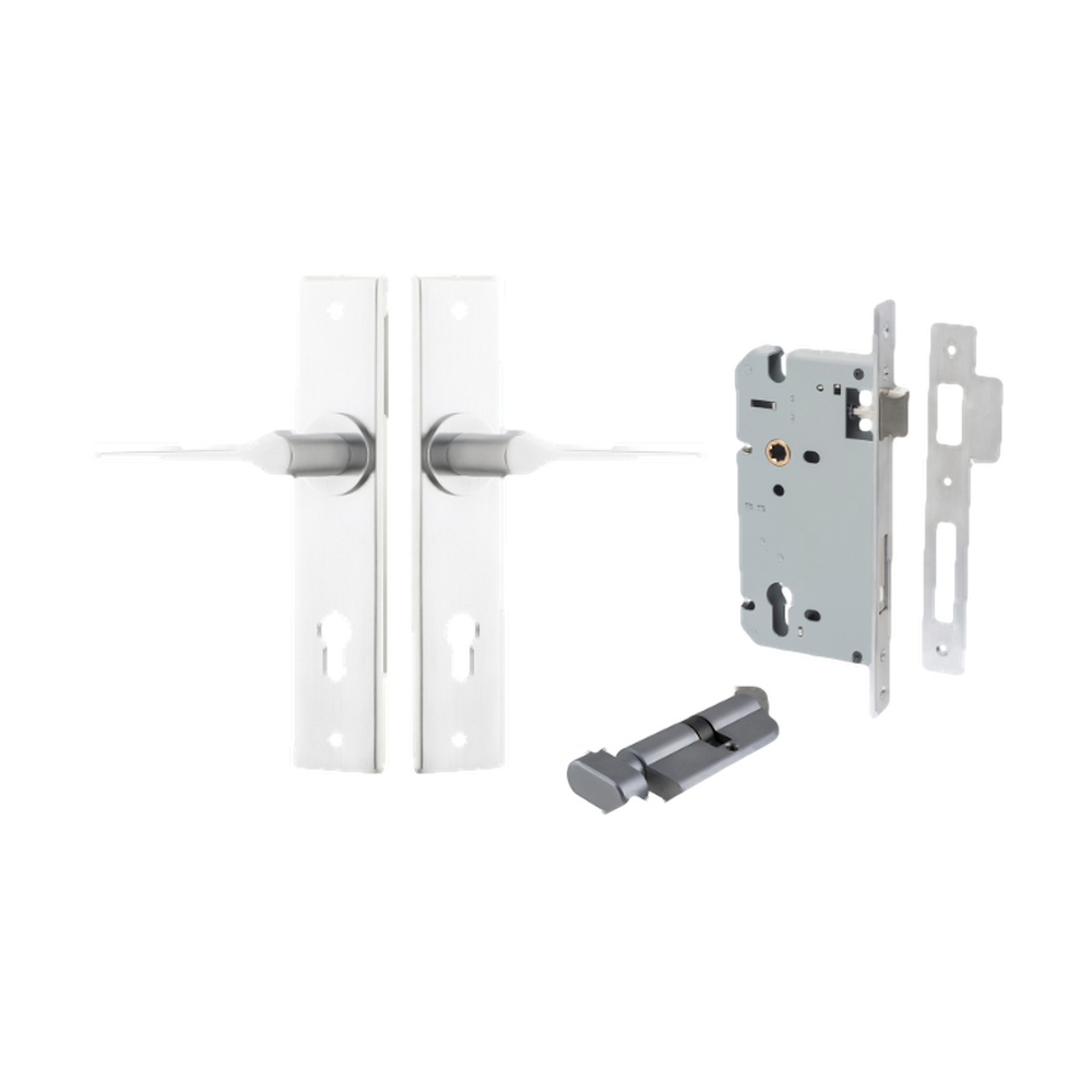 Door Lever Como Chamfered Euro Pair Brushed Chrome CTC85mm L119xP61mm BPH240xW50mm Mortice Lock Euro Brushed Chrome CTC85mm Backset 60mm, Euro Cylinder Key Thumb 5 Pin Brushed Chrome 65mm KA4 in Brushed Chrome