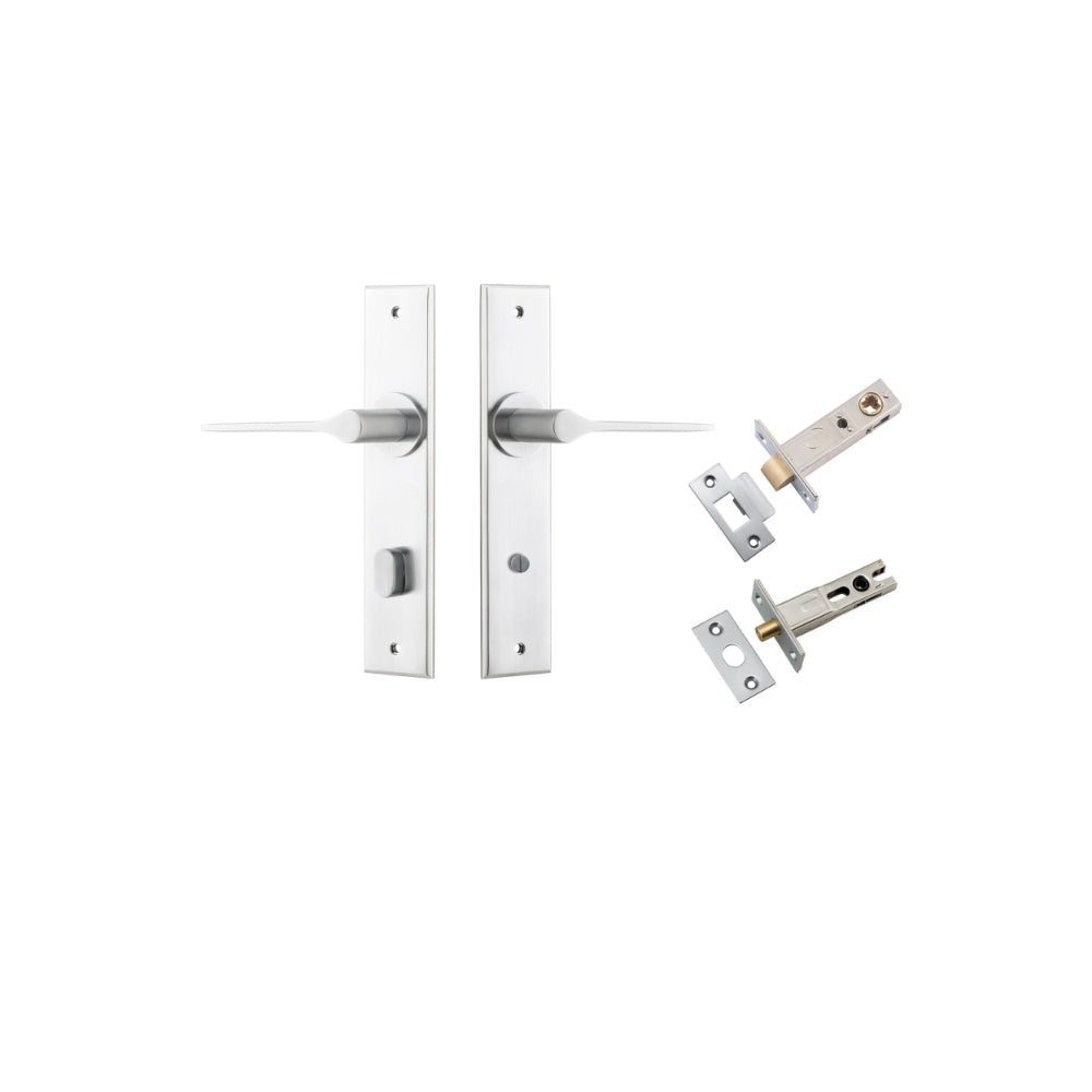Door Lever Como Chamfered Privacy Brushed Chrome CTC85mm L119xP61mm BPH240xW50mm Privacy Kit Tube Latch Split Cam 'T' Striker Brushed Chrome Backset 60mm, Privacy Bolt Round Bolt Brushed Chrome Backset 60mm in Brushed Chrome