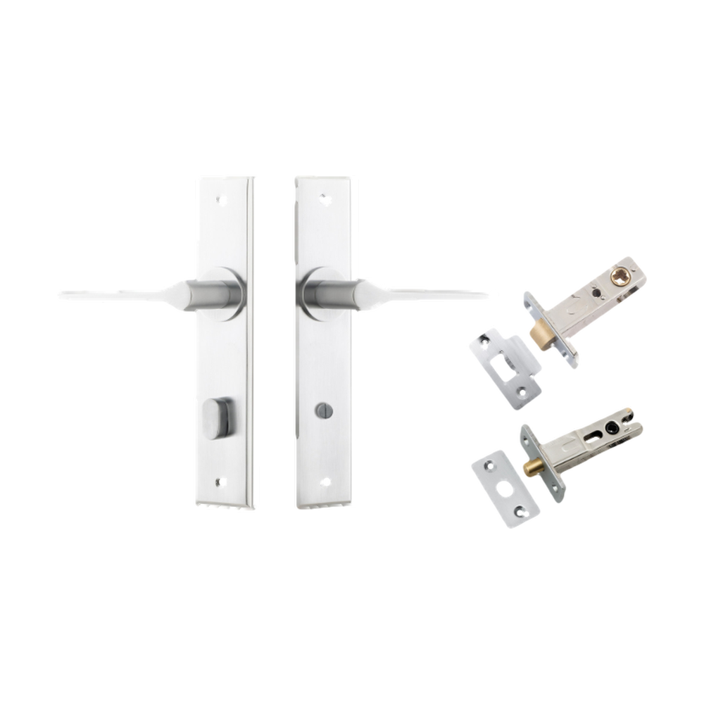 Door Lever Como Chamfered Privacy Brushed Chrome CTC85mm L119xP61mm BPH240xW50mm Privacy Kit Tube Latch Split Cam 'T' Striker Brushed Chrome Backset 60mm, Privacy Bolt Round Bolt Brushed Chrome Backset 60mm in Brushed Chrome