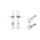 Door Lever Como Chamfered Privacy Brushed Chrome CTC85mm L119xP61mm BPH240xW50mm Privacy Kit Tube Latch Split Cam 'T' Striker Brushed Chrome Backset 60mm, Privacy Bolt Round Bolt Brushed Chrome Backset 60mm in Brushed Chrome