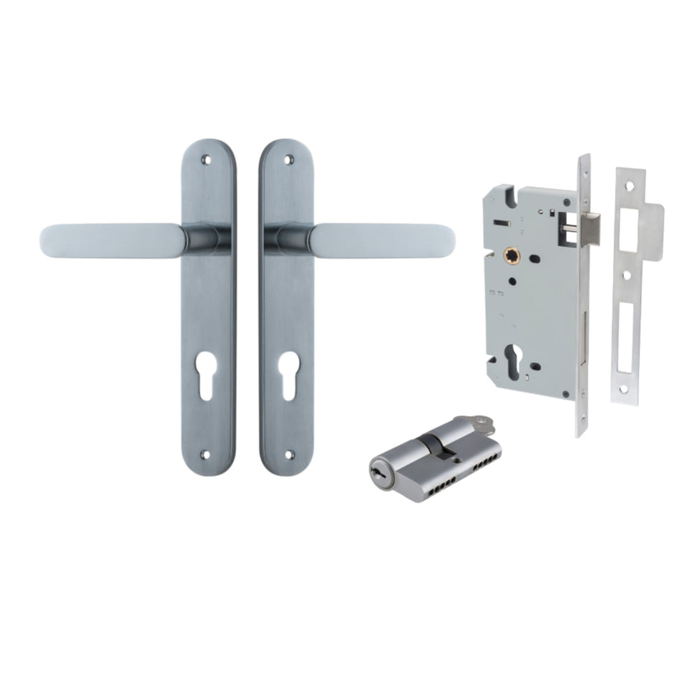Door Lever Bronte Oval Euro Pair Brushed Chrome CTC85mm L117xP53mm BPH240xW40mm, Mortice Lock Euro Brushed Chrome CTC85mm Backset 60mm, Euro Cylinder Dual Function 5 Pin Brushed Chrome 65mm KA4 in Brushed Chrome