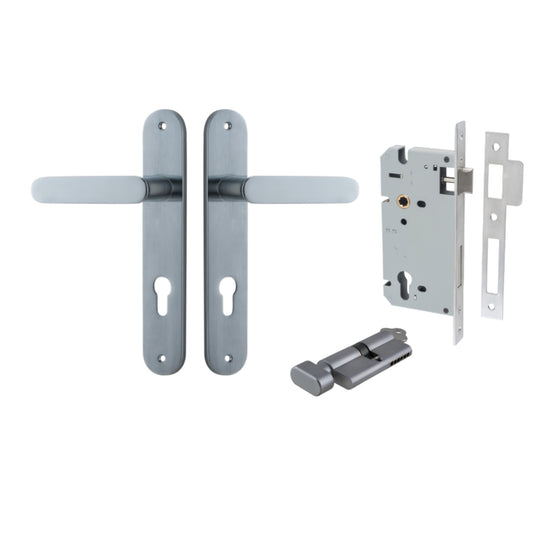 Door Lever Bronte Oval Euro Pair Brushed Chrome CTC85mm L117xP53mm BPH240xW40mm, Mortice Lock Euro Brushed Chrome CTC85mm Backset 60mm, Euro Cylinder Key Thumb 5 Pin Brushed Chrome 65mm KA4 in Brushed Chrome
