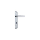 Pair of Iver Bronte lever door handles with oval backplates, featuring a sleek, modern design in a polished finish.