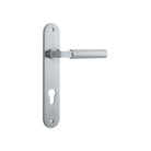 Pair of Iver Berlin lever door handles with oval backplates, showcasing sleek metallic design and modern hardware.