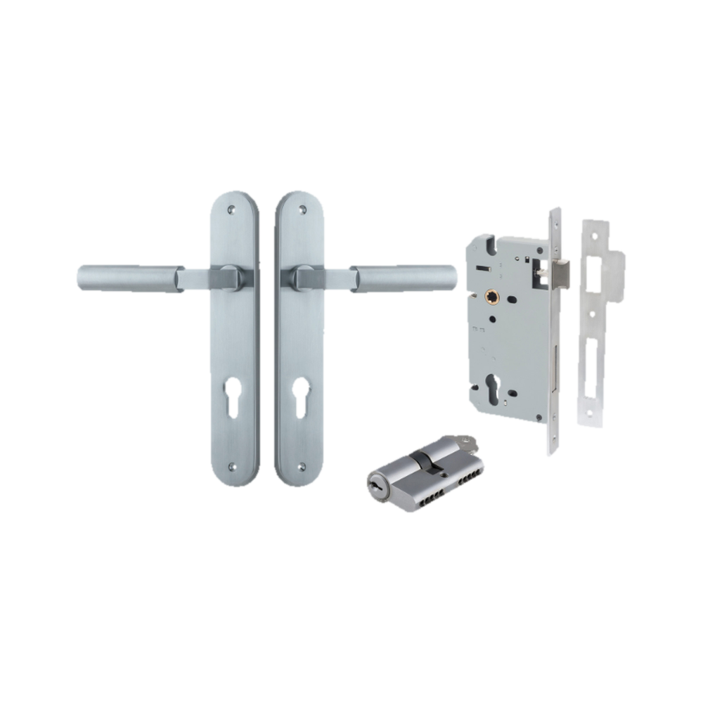 Door Lever Berlin Oval Euro Pair Brushed Chrome CTC85mm L120xP57mm BPH240xW40mm Mortice Lock Euro Brushed Chrome CTC85mm Backset 60mm, Euro Cylinder Dual Function 5 Pin Brushed Chrome 65mm KA4 in Brushed Chrome
