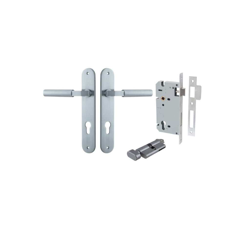 Pair of Iver Berlin lever door handles with oval backplates, featuring a modern design in a sleek finish.