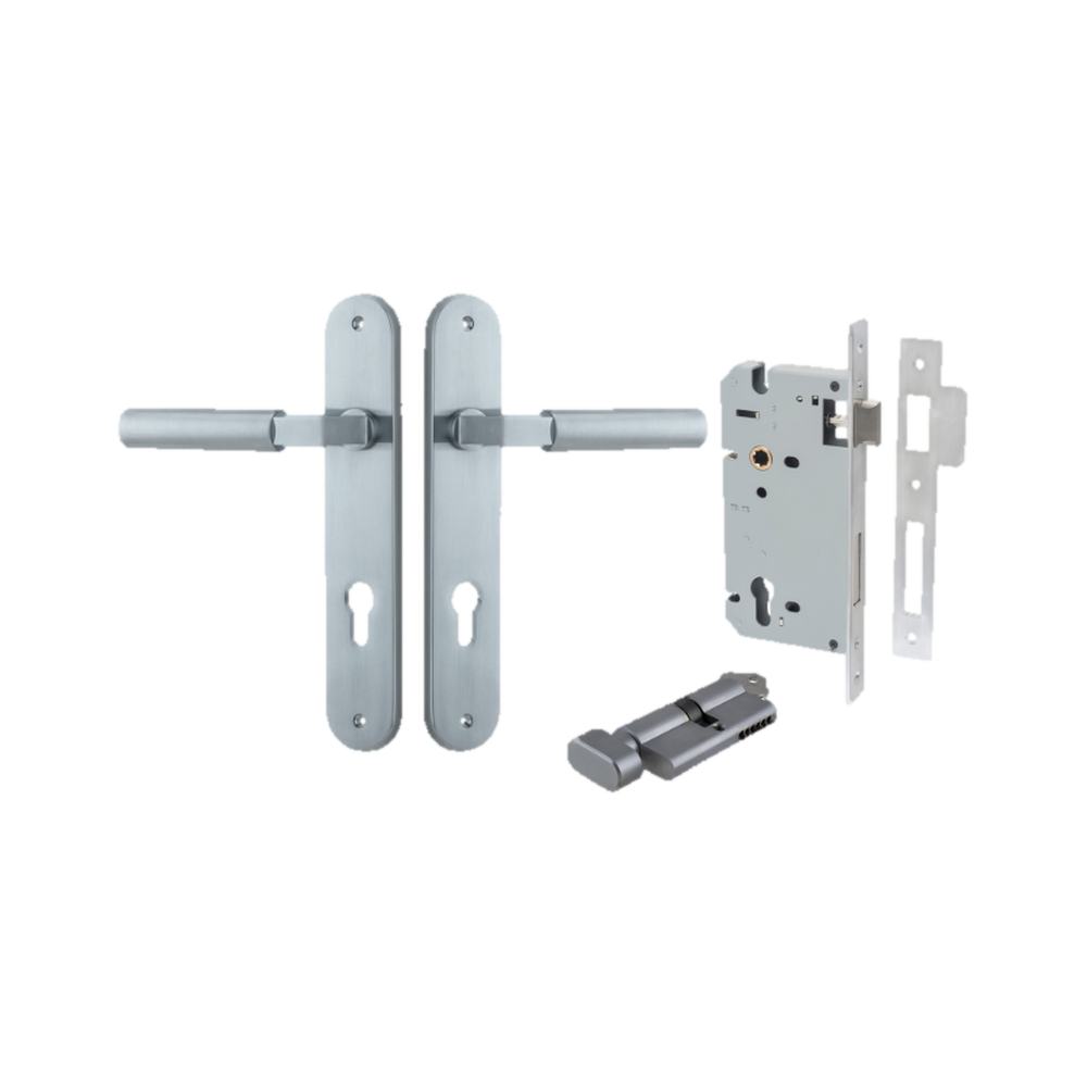 Door Lever Berlin Oval Euro Pair Brushed Chrome CTC85mm L120xP57mm BPH240xW40mm Mortice Lock Euro Brushed Chrome CTC85mm Backset 60mm, Euro Cylinder Key Thumb 5 Pin Brushed Chrome 65mm KA4 in Brushed Chrome