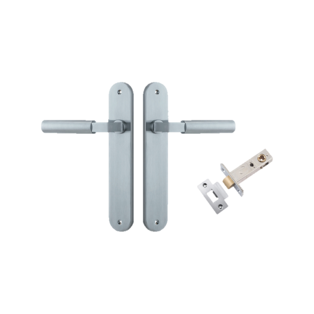 Door Lever Berlin Oval Brushed Chrome L120xP57mm BPH240xW40mm Passage Kit Tube Latch Split Cam 'T' Striker Brushed Chrome Backset 60mm in Brushed Chrome