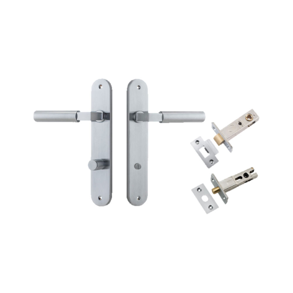 Door Lever Berlin Oval Privacy Brushed Chrome CTC85mm L120xP57mm BPH240xW40mm Privacy Kit Tube Latch Split Cam 'T' Striker Brushed Chrome Backset 60mm, Privacy Bolt Round Bolt Brushed Chrome Backset 60mm in Brushed Chrome