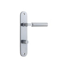 Pair of Iver Berlin lever handles with oval backplates for doors, featuring a sleek, modern design in a polished finish.
