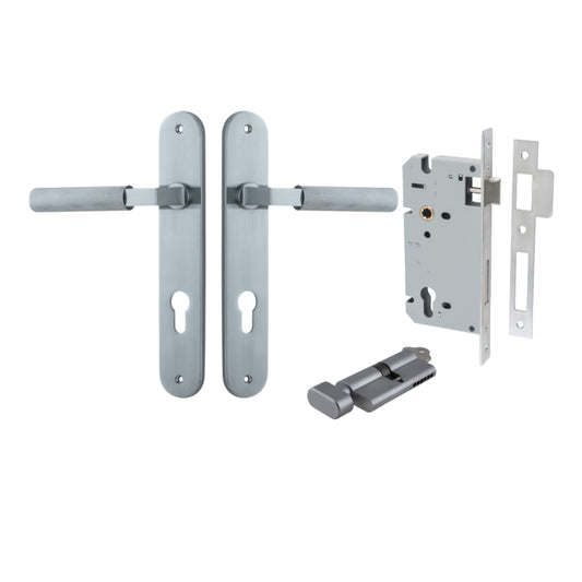 Door Lever Brunswick Oval Euro Pair Brushed Chrome CTC85mm L120xP57mm BPH240xW40mm, Mortice Lock Euro Brushed Chrome CTC85mm Backset 60mm, Euro Cylinder Key Thumb 5 Pin Brushed Chrome 65mm KA4 in Brushed Chrome