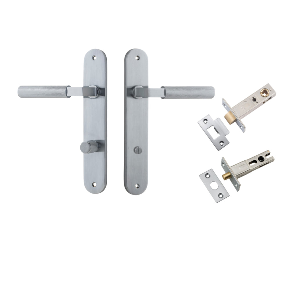 Door Lever Brunswick  Oval Privacy Brushed Chrome CTC85mm L120xP57mm BPH240xW40mm Privacy Kit Tube Latch Split Cam 'T' Striker Brushed Chrome Backset 60mm, Privacy Bolt Round Bolt Brushed Chrome Backset 60mm in Brushed Chrome