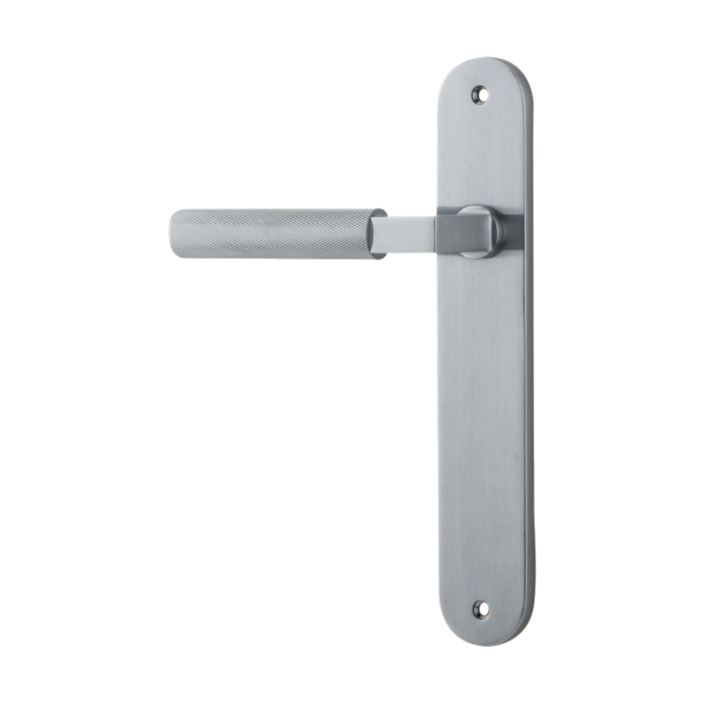 Door Lever Brunswick Oval Latch Left Hand Fixed Brushed Chrome L120xP57mm BPH240xW40mm in Brushed Chrome