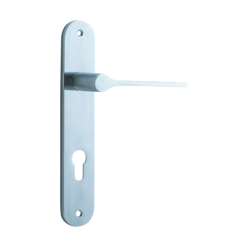 Door Lever Como Oval Euro Brushed Chrome CTC85mm H240xW40xP59mm in Brushed Chrome