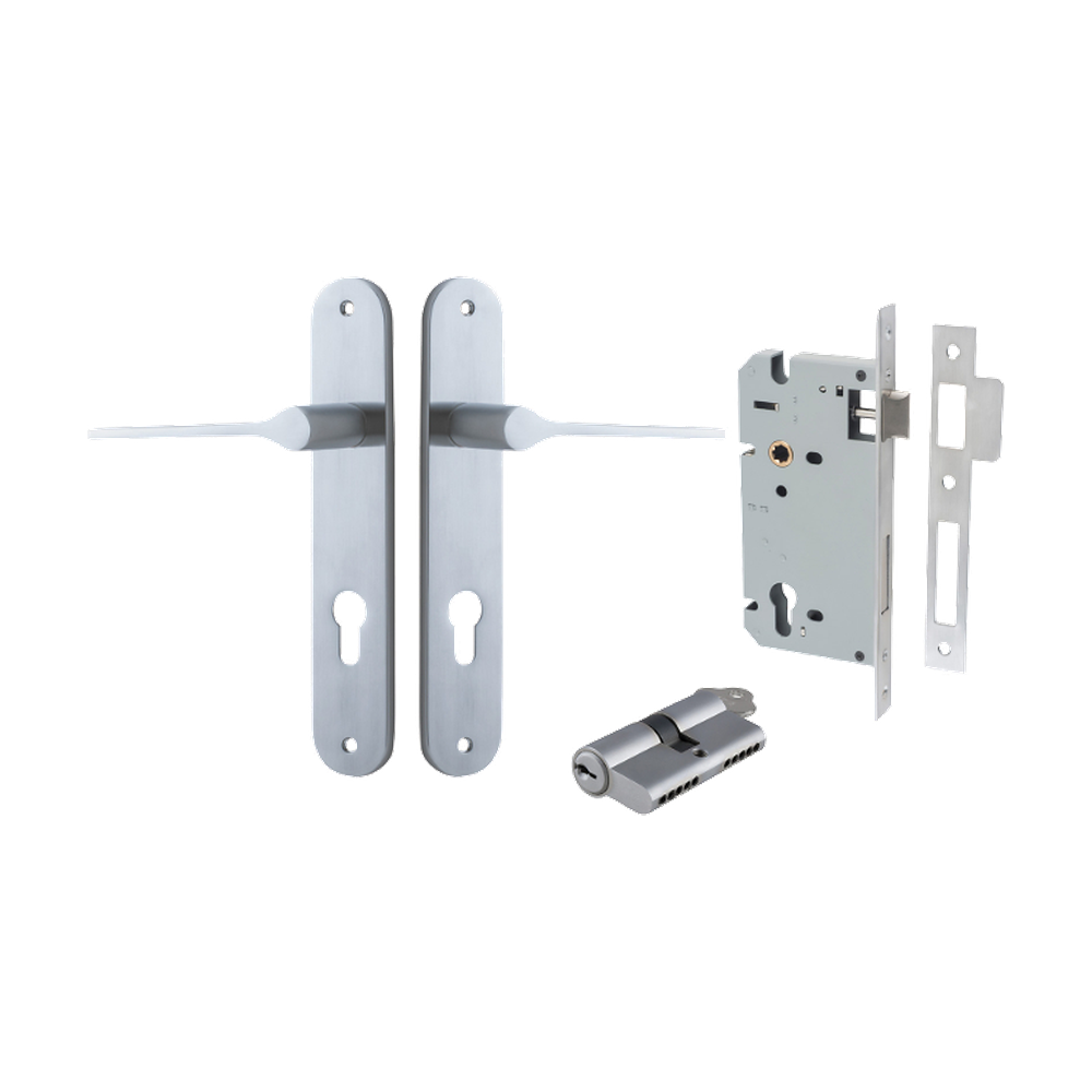 Door Lever Como Oval Euro Pair Brushed Chrome CTC85mm L119xP59mm BPH240xW40mm Mortice Lock Euro Brushed Chrome CTC85mm Backset 60mm, Euro Cylinder Dual Function 5 Pin Brushed Chrome 65mm KA4 in Brushed Chrome