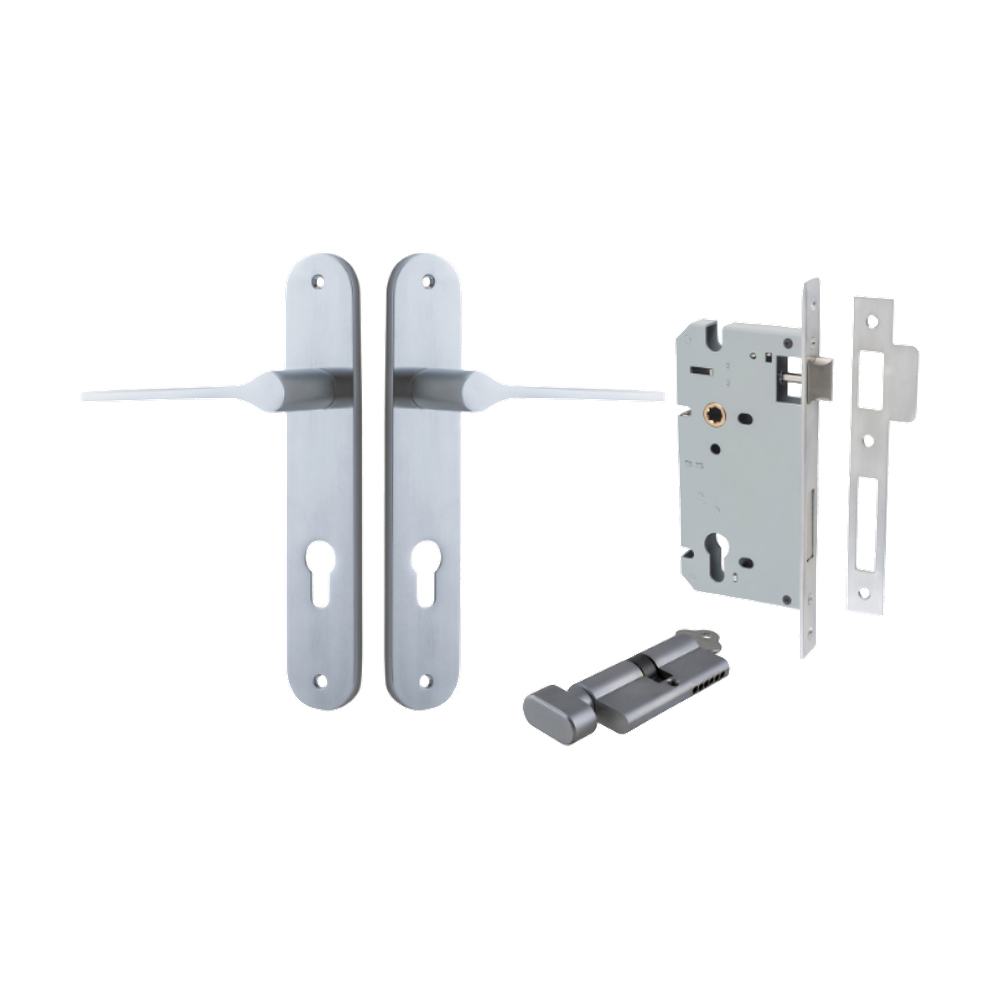 Door Lever Como Oval Euro Pair Brushed Chrome CTC85mm L119xP59mm BPH240xW40mm Mortice Lock Euro Brushed Chrome CTC85mm Backset 60mm, Euro Cylinder Key Thumb 5 Pin Brushed Chrome 65mm KA4 in Brushed Chrome