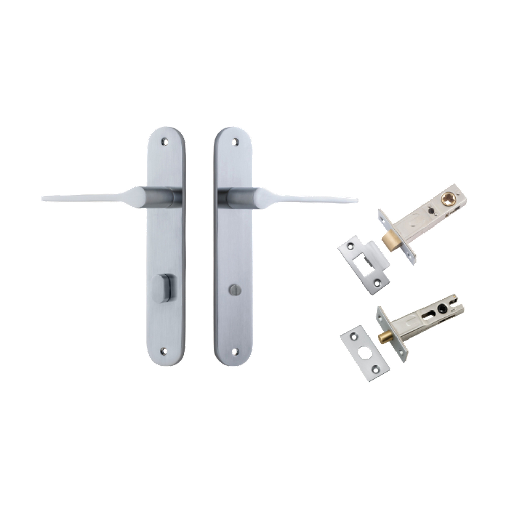 Door Lever Como Oval Privacy Brushed Chrome CTC85mm L119xP59mm BPH240xW40mm Privacy Kit Tube Latch Split Cam 'T' Striker Brushed Chrome Backset 60mm, Privacy Bolt Round Bolt Brushed Chrome Backset 60mm in Brushed Chrome