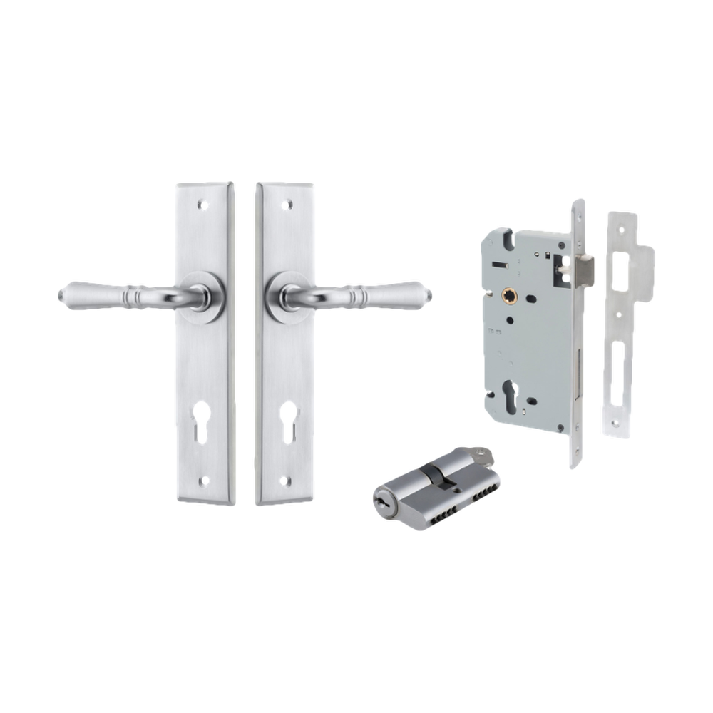Door Lever Sarlat Chamfered Euro Pair Brushed Chrome CTC85mm L111xP55mm BPH240xW50mm Mortice Lock Euro Brushed Chrome CTC85mm Backset 60mm, Euro Cylinder Dual Function 5 Pin Brushed Chrome 65mm KA4 in Brushed Chrome