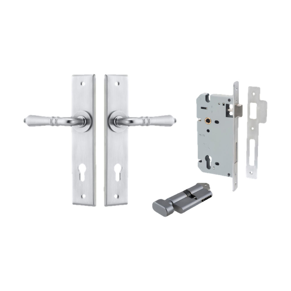 Door Lever Sarlat Chamfered Euro Pair Brushed Chrome CTC85mm L111xP55mm BPH240xW50mm Mortice Lock Euro Brushed Chrome CTC85mm Backset 60mm, Euro Cylinder Key Thumb 5 Pin Brushed Chrome 65mm KA4 in Brushed Chrome