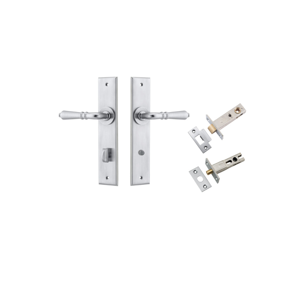 Door Lever Sarlat Chamfered Privacy Brushed Chrome CTC85mm L111xP55mm BPH240xW50mm Privacy Kit Tube Latch Split Cam 'T' Striker Brushed Chrome Backset 60mm, Privacy Bolt Round Bolt Brushed Chrome Backset 60mm in Brushed Chrome