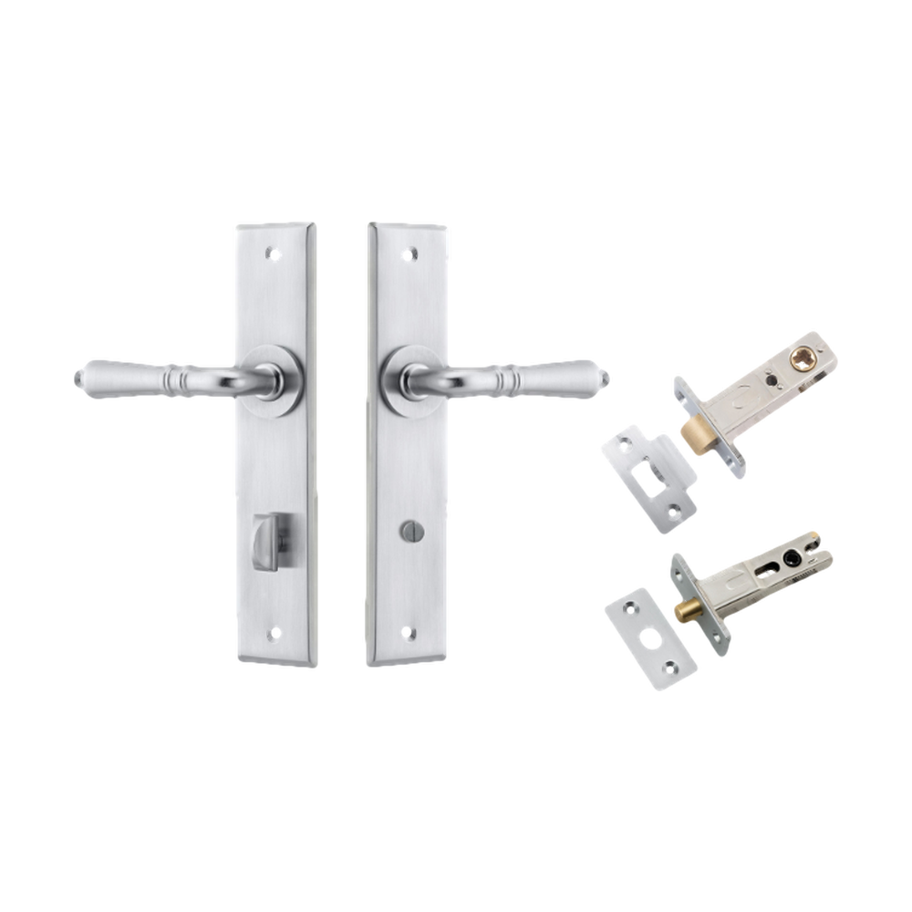 Door Lever Sarlat Chamfered Privacy Brushed Chrome CTC85mm L111xP55mm BPH240xW50mm Privacy Kit Tube Latch Split Cam 'T' Striker Brushed Chrome Backset 60mm, Privacy Bolt Round Bolt Brushed Chrome Backset 60mm in Brushed Chrome