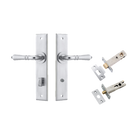 Door Lever Sarlat Chamfered Privacy Brushed Chrome CTC85mm L111xP55mm BPH240xW50mm Privacy Kit Tube Latch Split Cam 'T' Striker Brushed Chrome Backset 60mm, Privacy Bolt Round Bolt Brushed Chrome Backset 60mm in Brushed Chrome
