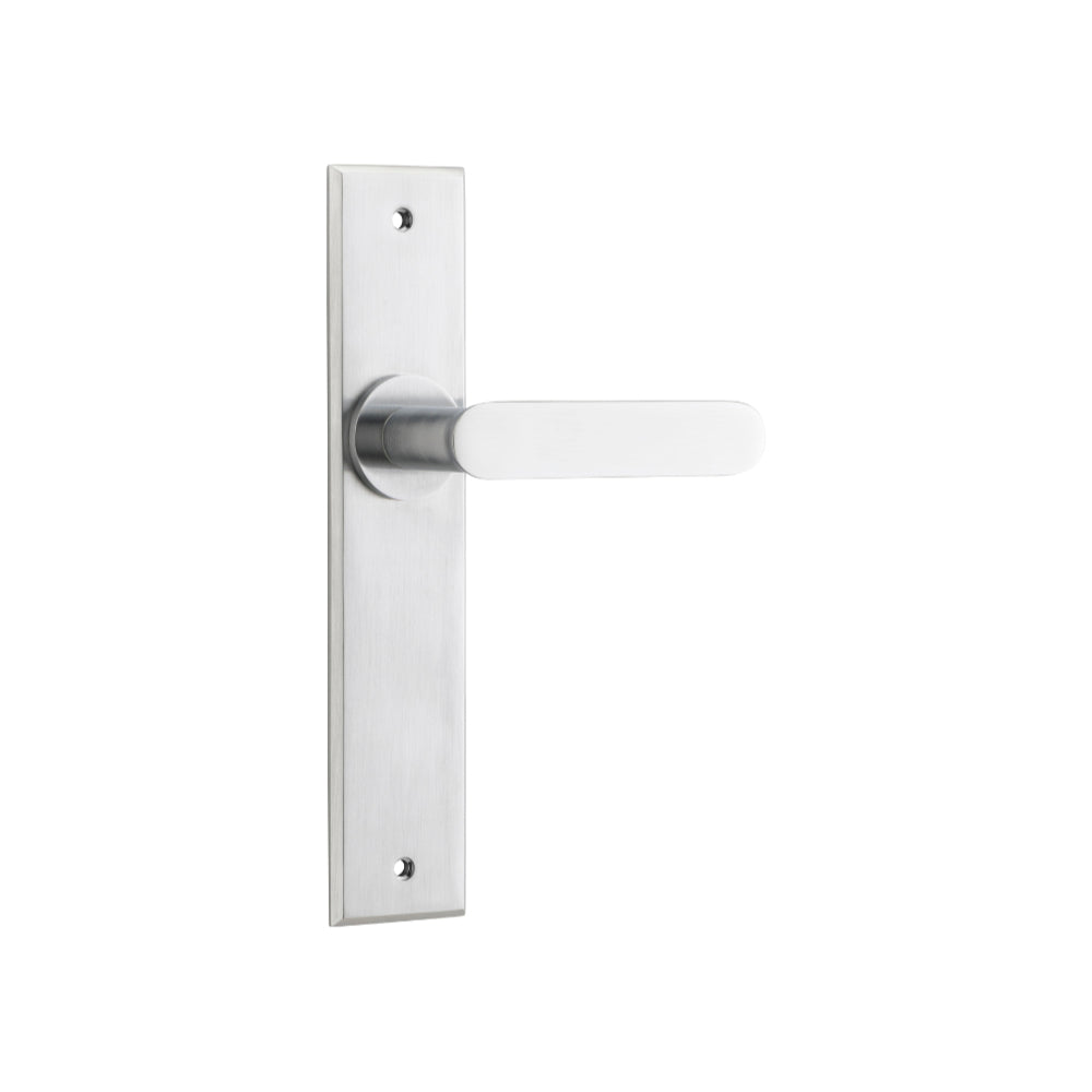 Door Lever Bronte  on Long Backplate Brushed Chrome H240xW50xP55mm in Brushed Chrome