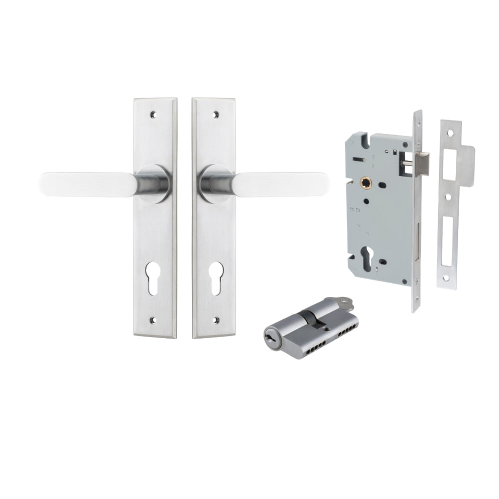 Door Lever Bronte Chamfered Euro Pair Brushed Chrome CTC85mm L117xP55mm BPH240xW50mm, Mortice Lock Euro Brushed Chrome CTC85mm Backset 60mm, Euro Cylinder Dual Function 5 Pin Brushed Chrome 65mm KA4 in Brushed Chrome