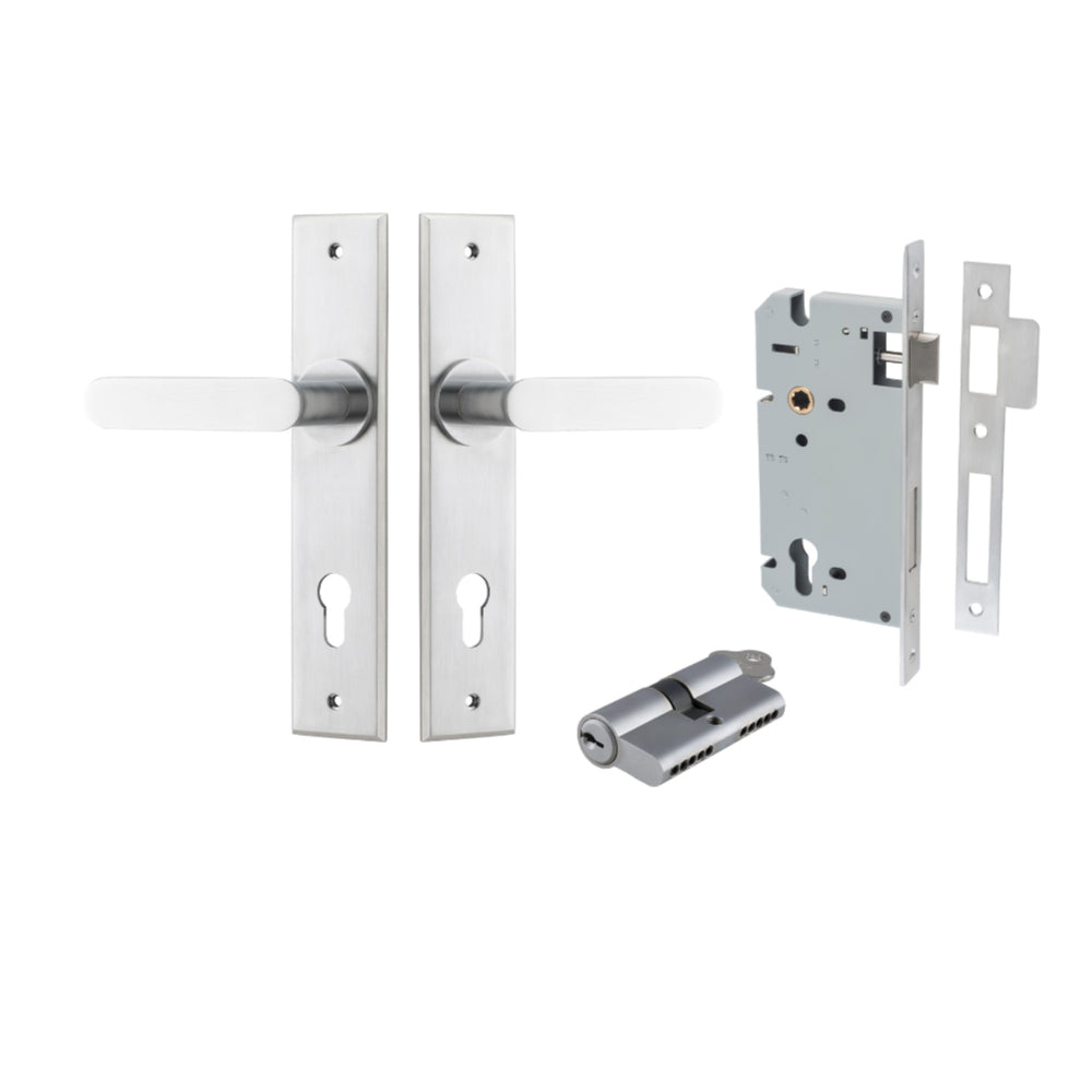 Door Lever Bronte Chamfered Euro Pair Brushed Chrome CTC85mm L117xP55mm BPH240xW50mm Mortice Lock Euro Brushed Chrome CTC85mm Backset 60mm, Euro Cylinder Dual Function 5 Pin Brushed Chrome 65mm KA4 in Brushed Chrome