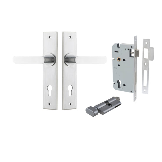 Door Lever Bronte Chamfered Euro Pair Brushed Chrome CTC85mm L117xP55mm BPH240xW50mm, Mortice Lock Euro Brushed Chrome CTC85mm Backset 60mm, Euro Cylinder Key Thumb 5 Pin Brushed Chrome 65mm KA4 in Brushed Chrome
