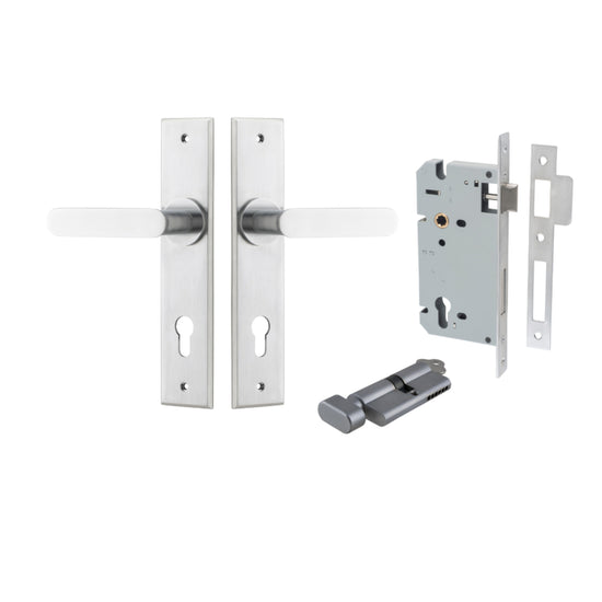 Door Lever Bronte Chamfered Euro Pair Brushed Chrome CTC85mm L117xP55mm BPH240xW50mm Mortice Lock Euro Brushed Chrome CTC85mm Backset 60mm, Euro Cylinder Key Thumb 5 Pin Brushed Chrome 65mm KA4 in Brushed Chrome