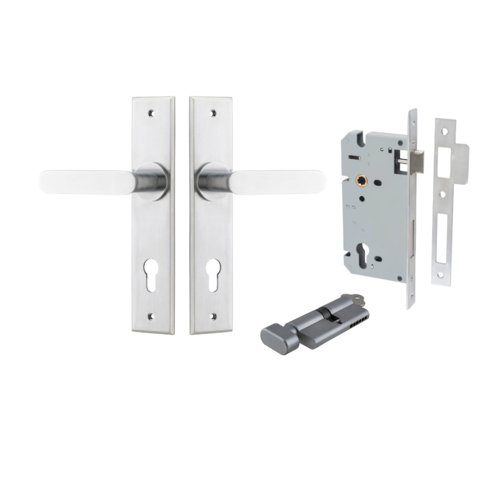 Door Lever Bronte Chamfered Euro Pair Brushed Chrome CTC85mm L117xP55mm BPH240xW50mm, Mortice Lock Euro Brushed Chrome CTC85mm Backset 60mm, Euro Cylinder Key Thumb 5 Pin Brushed Chrome 65mm KA4 in Brushed Chrome