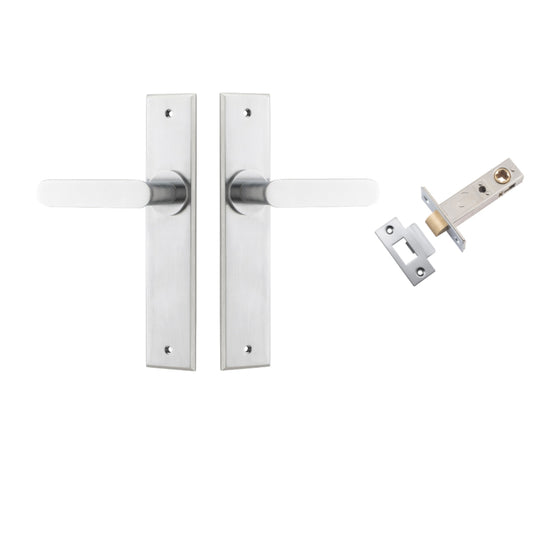 Door Lever Bronte Chamfered Brushed Chrome L117xP55mm BPH240xW50mm Passage Kit, Tube Latch Split Cam 'T' Striker Brushed Chrome Backset 60mm in Brushed Chrome